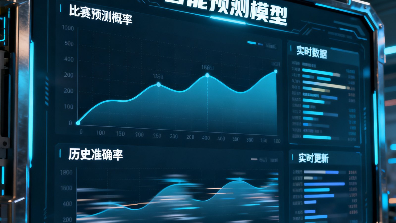 智能预测模型的数据可视化大屏展示图，屏幕包含多场比赛的预测概率仪表盘、历史准确率曲线和实时数据流，科技感十足，适合数据展示场景。